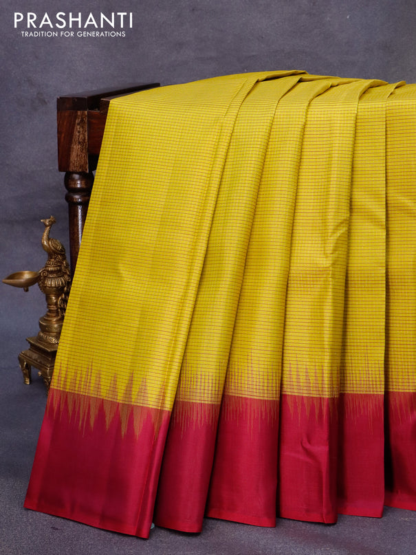Pure kanjivaram silk saree yellow and dark magenta pink with allover zari checked pattern and simple border