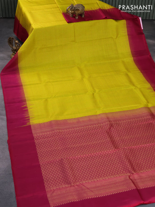 Pure kanjivaram silk saree yellow and dark magenta pink with allover zari checked pattern and simple border