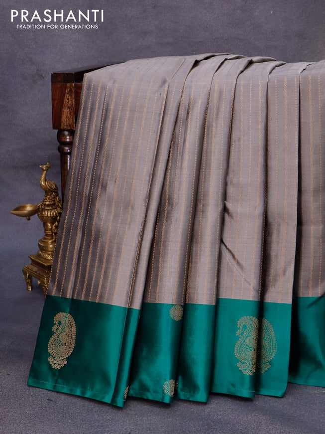 Pure kanjivaram silk saree grey and green with allover zari weaves and zari woven butta border