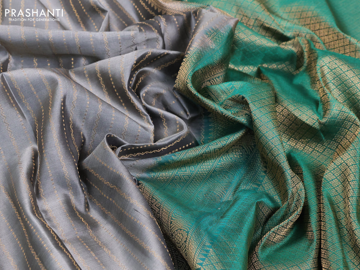 Pure kanjivaram silk saree grey and green with allover zari weaves and zari woven butta border