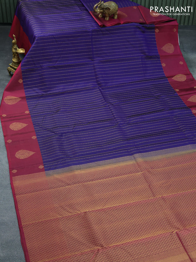 Pure kanjivaram silk saree blue and maroon with allover zari weaves and zari woven butta border