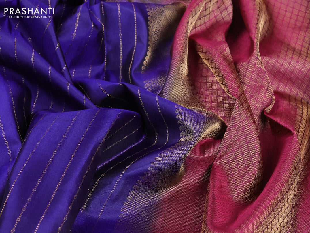 Pure kanjivaram silk saree blue and maroon with allover zari weaves and zari woven butta border