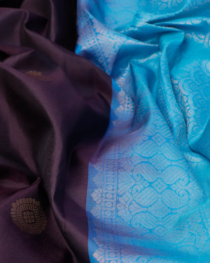 Pure kanjivaram silk saree coffee brown and light blue with zari woven buttas and zari woven simple border