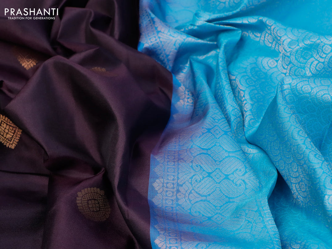 Pure kanjivaram silk saree coffee brown and light blue with zari woven buttas and zari woven simple border
