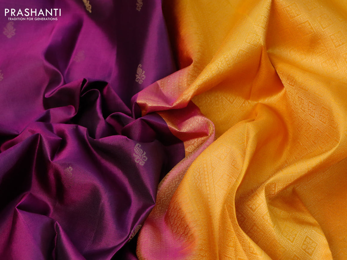 Pure kanjivaram silk saree deep purple and mustard yellow with zari woven buttas and simple border
