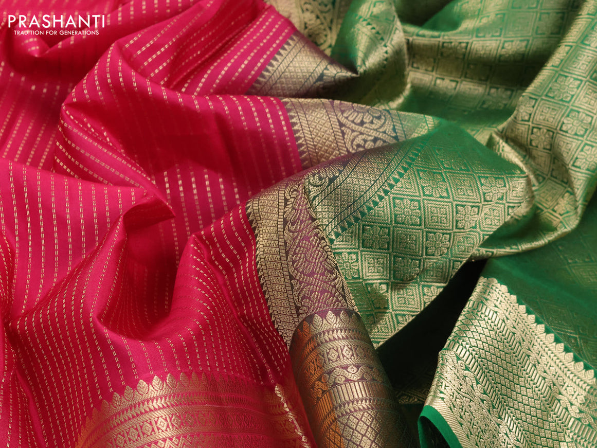 Pure kanjivaram silk saree pink and green with allover zari weaves and zari woven border