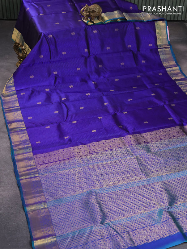 Pure kanjivaram silk saree blue and dual shade of teal green with allover self emboss & buttas and zari woven border