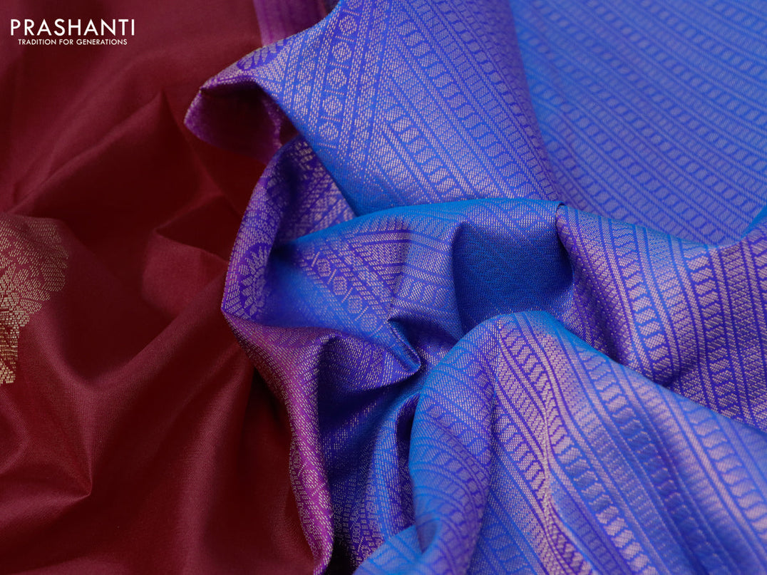 Pure kanjivaram silk saree red and cs blue with zari woven buttas in borderless style