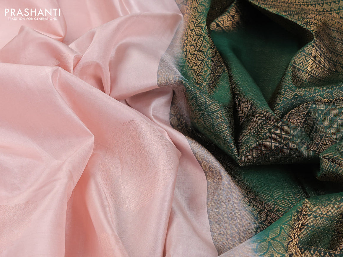 Pure kanjivaram silk saree pastel peach and dark green with zari woven buttas in borderless style