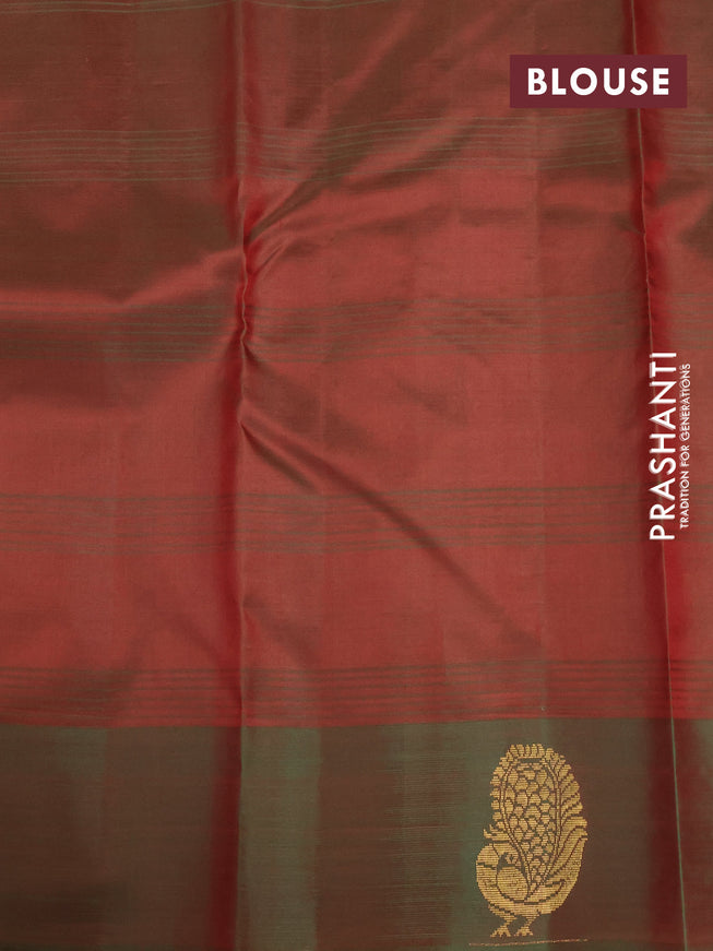 Pure kanjivaram silk saree red and dual shade of green with plain body and zari woven peacock butta border
