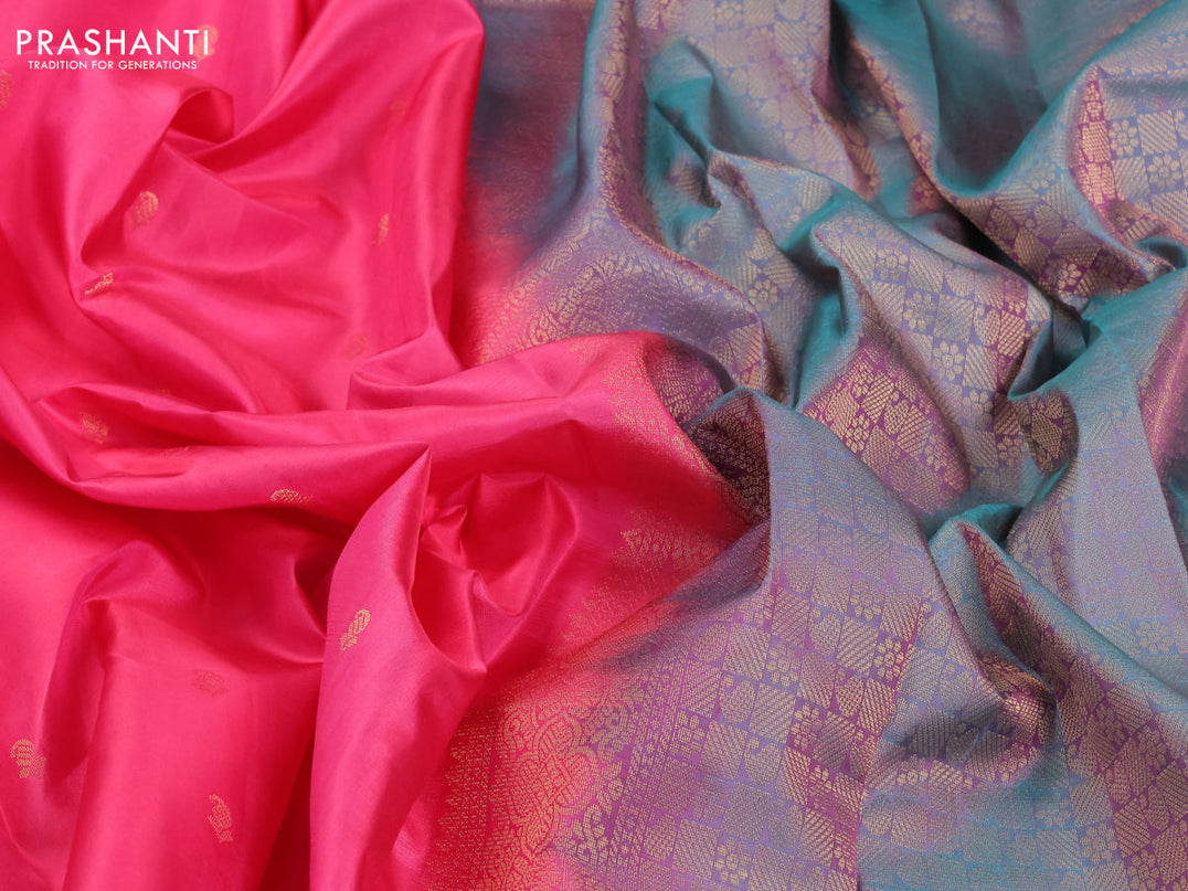 Pure kanjivaram silk saree pink and dual shade of teal green with paisley zari woven buttas and zari woven butta border