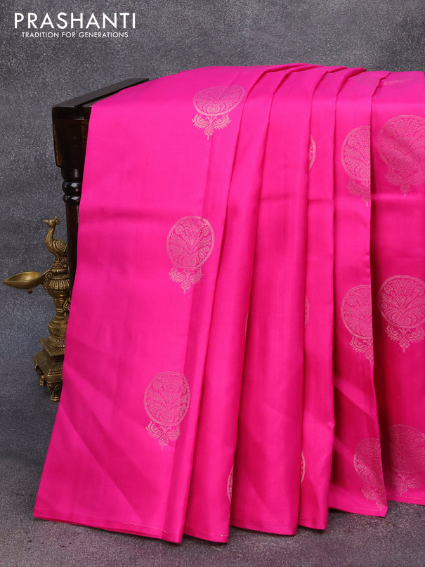Pure kanjivaram silk saree pink and beige with zari woven buttas in borderless style