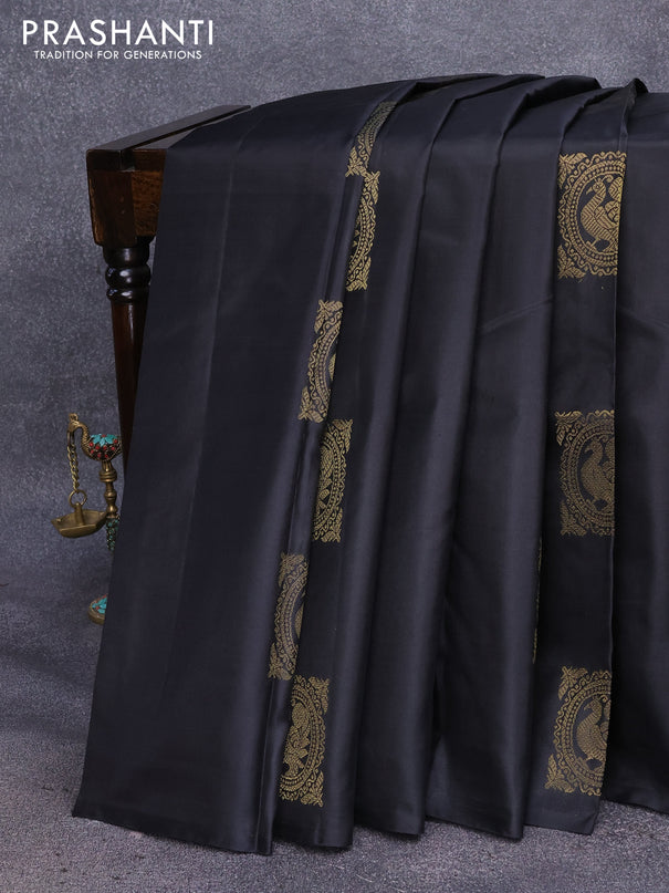 Pure kanjivaram silk saree black and teal blue with zari woven buttas in borderless style