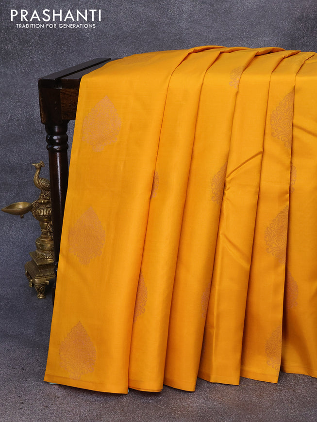 Pure kanjivaram silk saree mustard yellow and dark green with zari woven buttas in borderless style