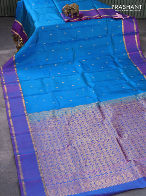 Pure kanjivaram silk saree cs blue and dual shade of pink with zari woven buttas and rettapet zari woven border