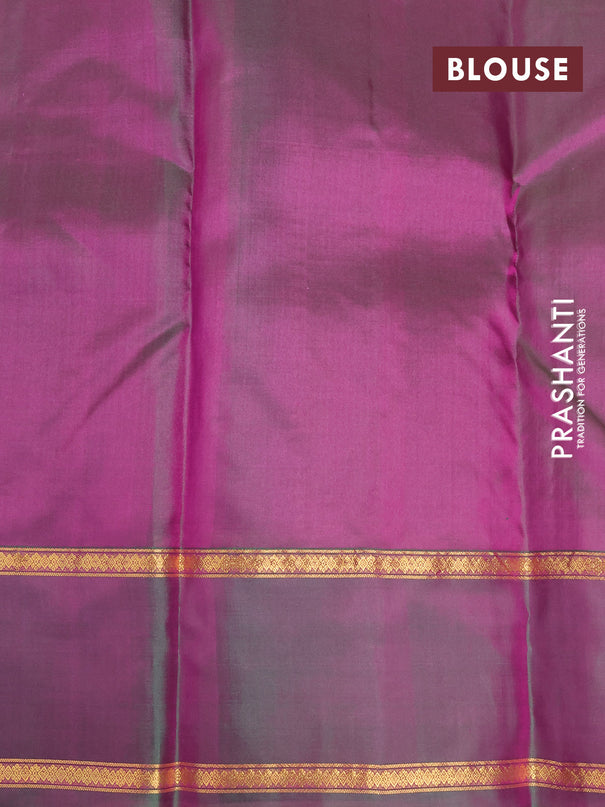 Pure kanjivaram silk saree pink and dual shade of greenish pink with zari woven buttas and rettapet zari woven border