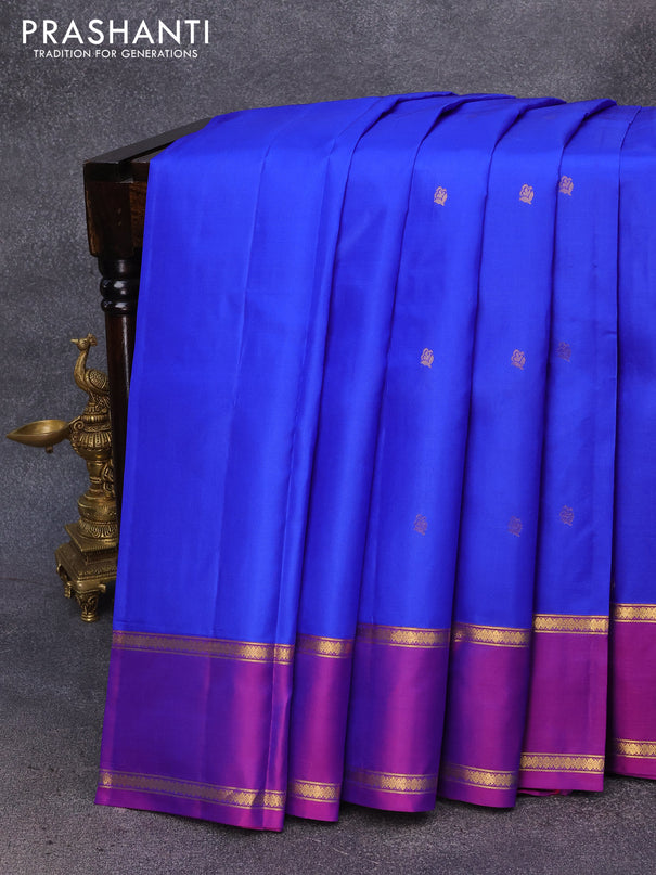 Pure kanjivaram silk saree blue and purple with zari woven buttas and rettapet zari woven border