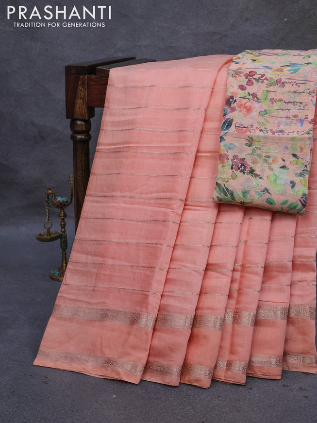 Semi chanderi saree peach orange with allover zari weaves and rettapet zari woven border - printed blouse