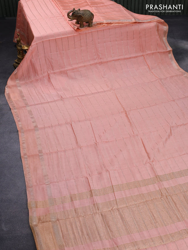 Semi chanderi saree peach orange with allover zari weaves and rettapet zari woven border - printed blouse
