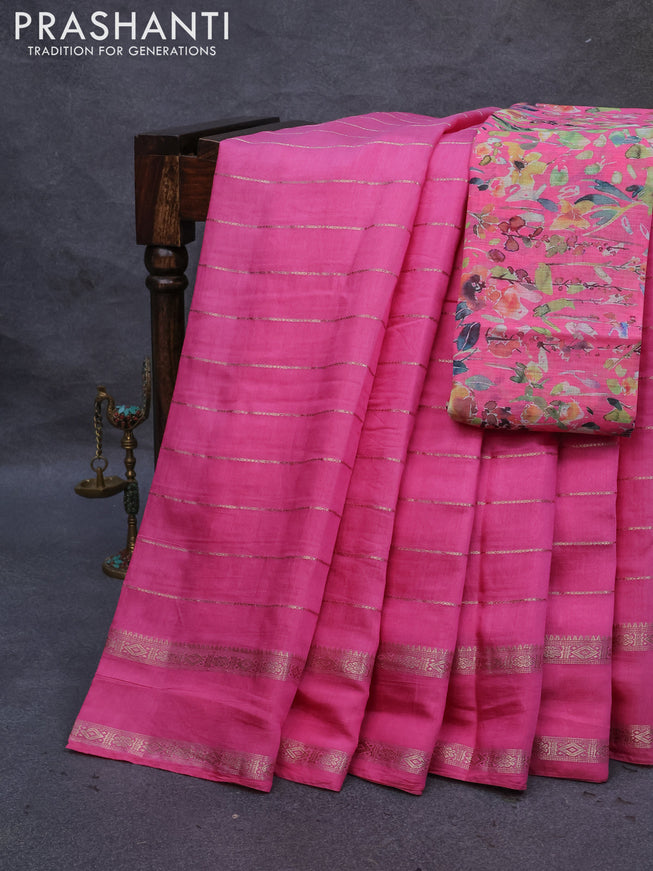 Semi chanderi saree pink with allover zari weaves and rettapet zari woven border - printed blouse