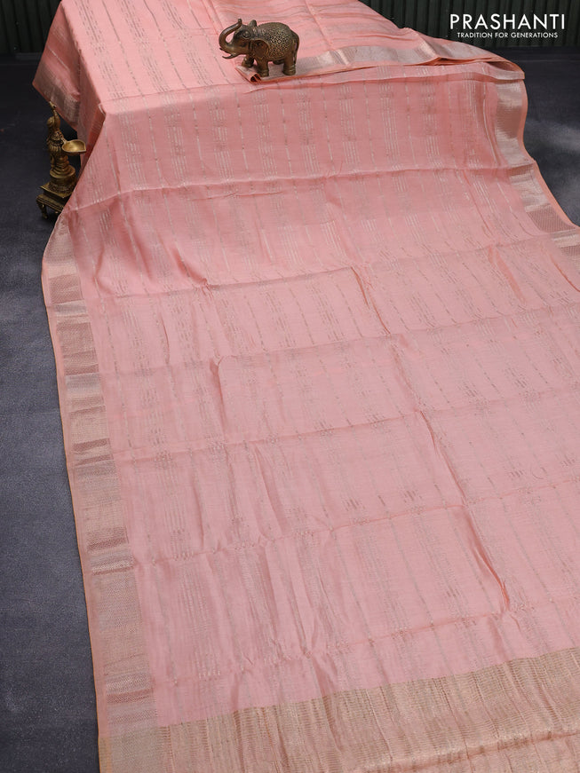 Semi chanderi saree peach orange with allover zari weaves and zari woven border - printed blouse