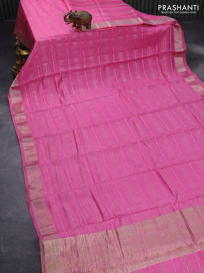 Semi chanderi saree pink with allover zari weaves and zari woven border - printed blouse