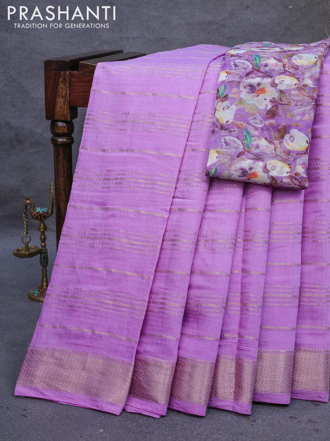 Semi chanderi saree lavender shade with allover zari weaves and zari woven border - printed blouse
