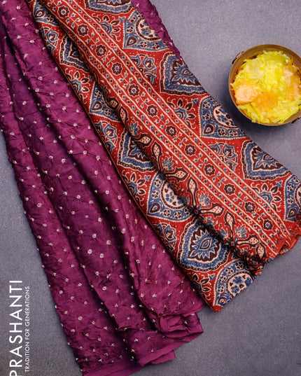 Modal silk saree purple and maroon with allover bandhani prints and ajrakh printed pallu