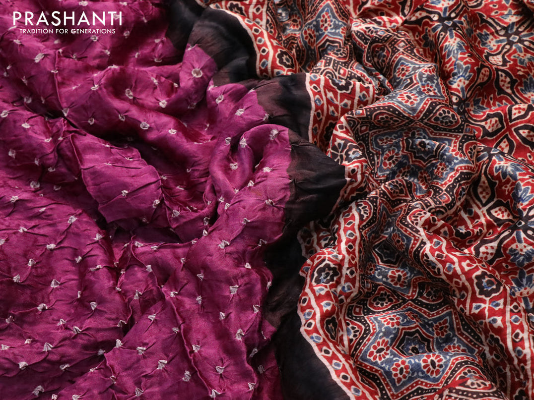 Modal silk saree purple and maroon with allover bandhani prints and ajrakh printed pallu