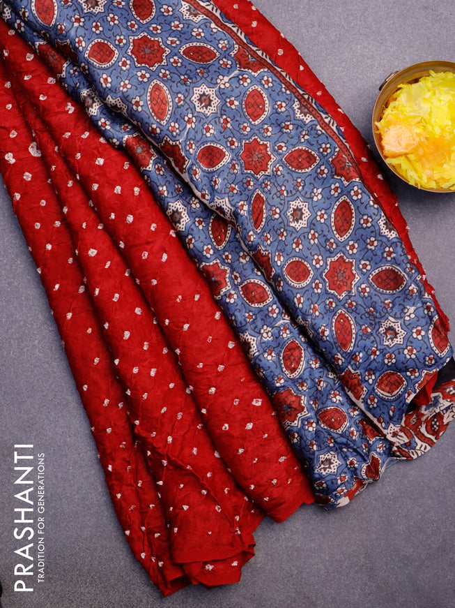 Modal silk saree red and beige blue with allover bandhani prints and ajrakh printed pallu