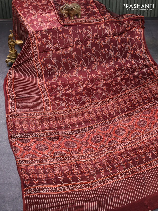 Modal silk saree brown with allover prints and ajrakh printed pallu