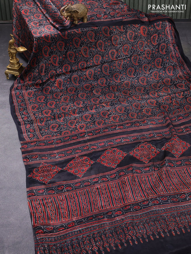 Modal silk saree black with allover prints and ajrakh printed pallu