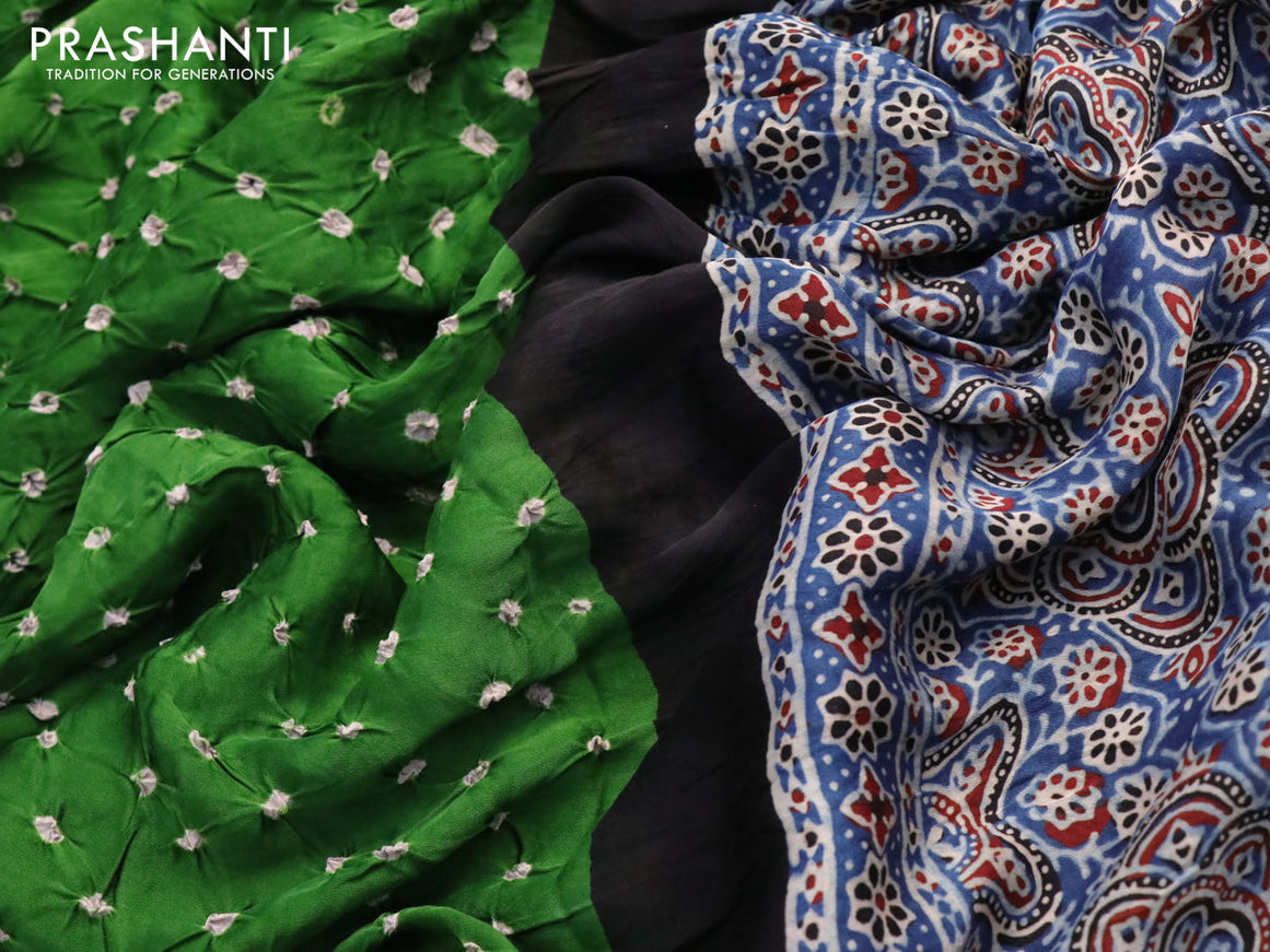 Modal silk saree green and blue with allover bandhani prints and ajrakh printed pallu