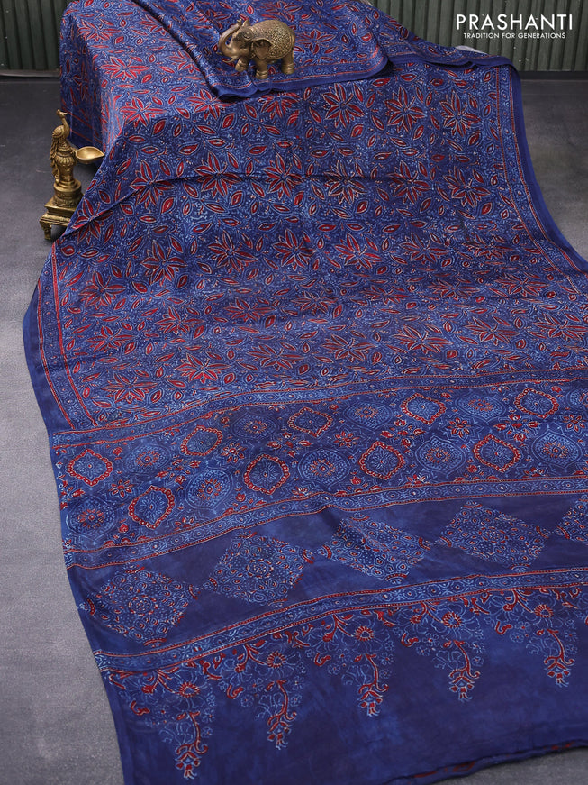 Modal silk saree blue with allover prints and ajrakh printed pallu