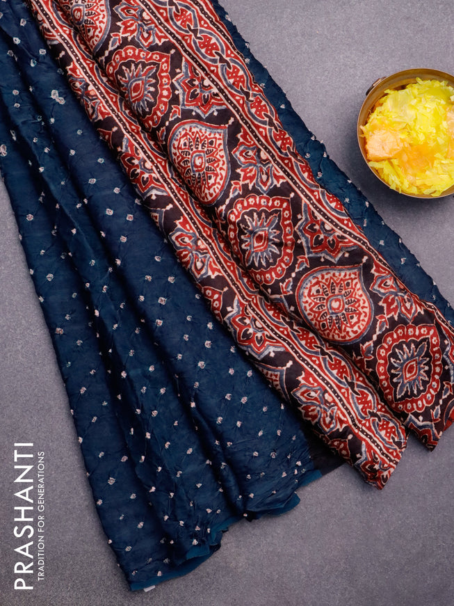 Modal silk saree peacock blue and maroon with allover bandhani prints and ajrakh printed pallu