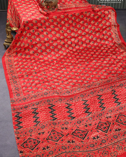 Modal silk saree red with allover floral butta prints and ajrakh printed pallu