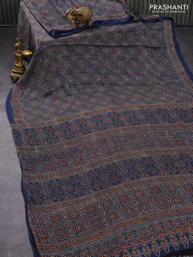 Modal silk saree blue with allover ajrakh prints and printed border