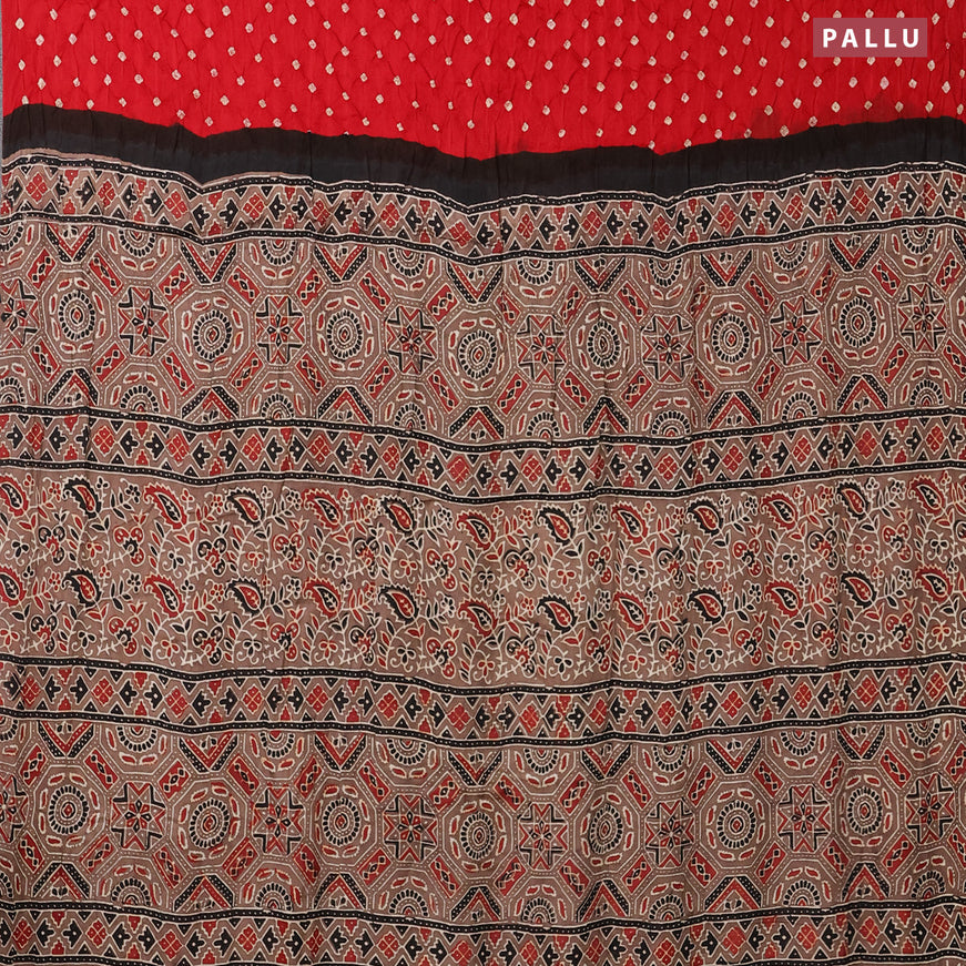 Modal silk saree red and brown with allover bandhani prints and ajrakh printed pallu