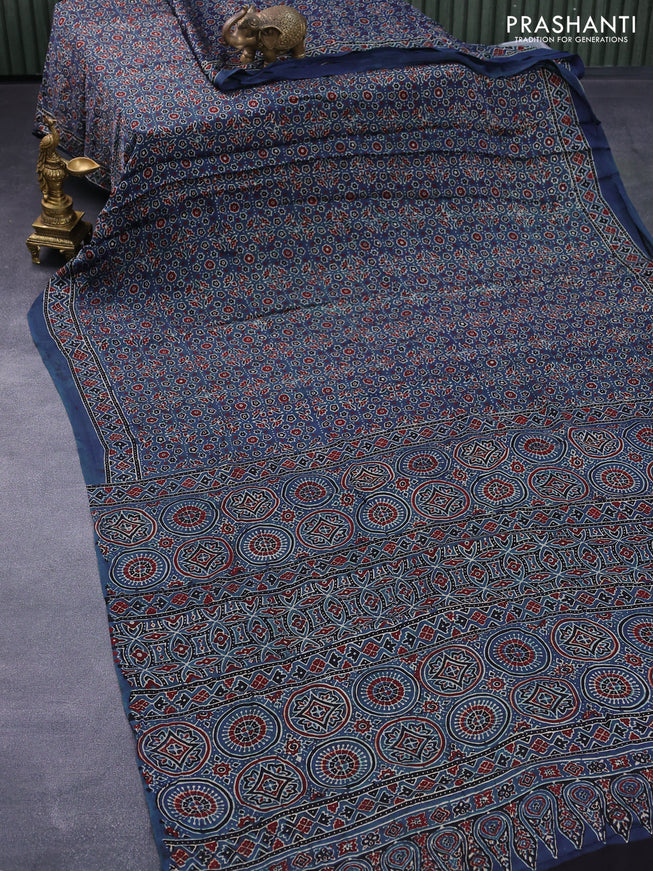 Modal silk saree indigo blue with allover ajrakh prints and printed border