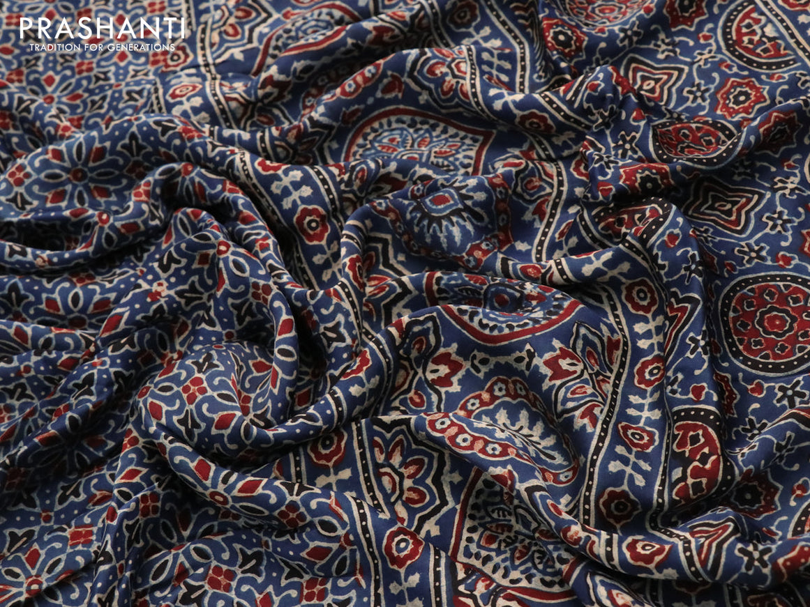 Modal silk saree blue with half & half style and ajrakh printed pallu