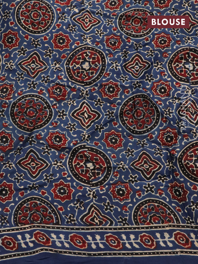 Modal silk saree blue with half & half style and ajrakh printed pallu