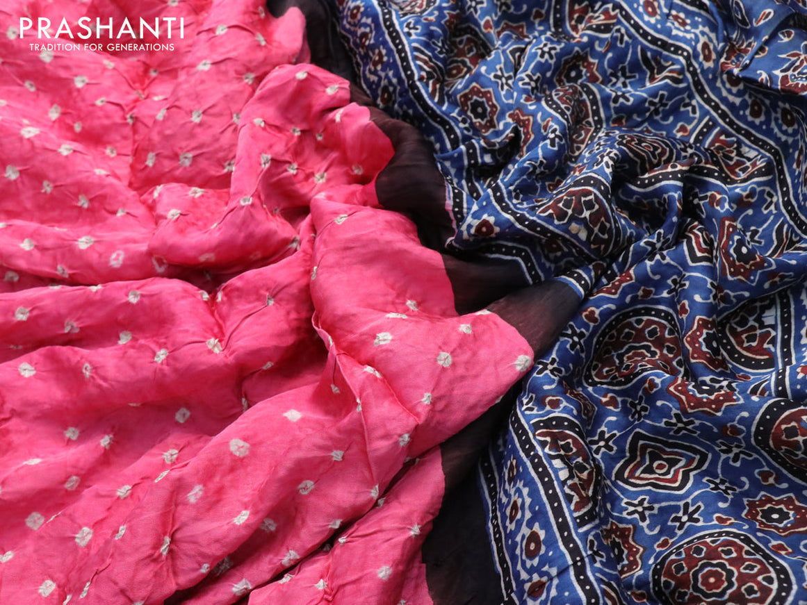 Modal silk saree pink shade and blue with allover bandhani prints and ajrakh printed pallu