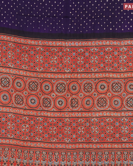 Modal silk saree deep violet and rust shade with allover bandhani prints and ajrakh printed pallu