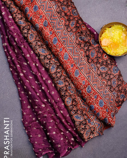 Modal silk saree deep purple and maroon with allover bandhani prints and ajrakh printed pallu