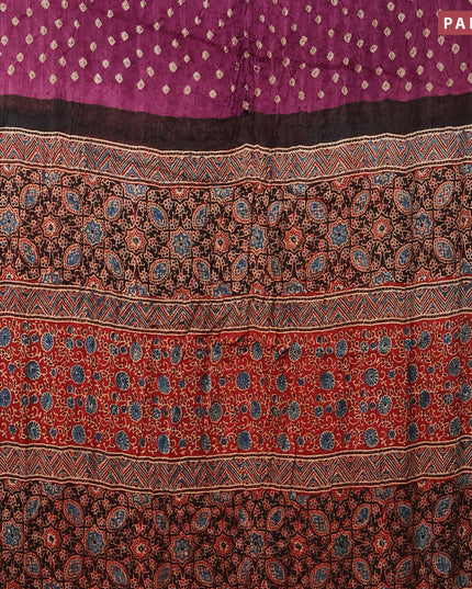 Modal silk saree deep purple and maroon with allover bandhani prints and ajrakh printed pallu