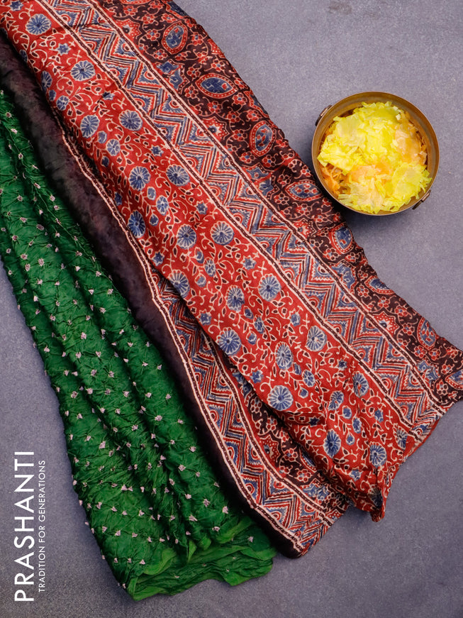Modal silk saree green and maroon with allover bandhani prints and ajrakh printed pallu