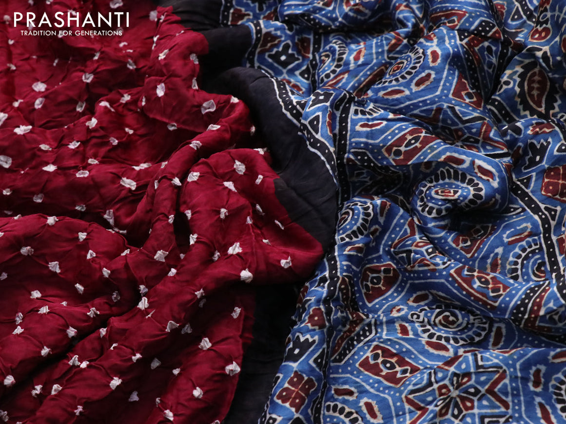 Modal silk saree deep maroon and blue with allover bandhani prints and ajrakh printed pallu