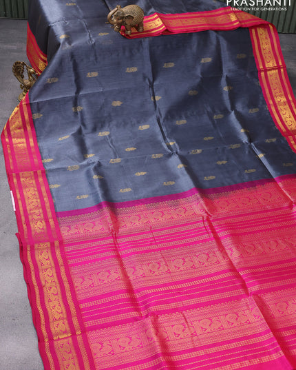 Silk cotton saree grey and pink with zari woven buttas and zari woven korvai border
