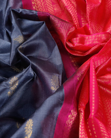 Silk cotton saree grey and pink with zari woven buttas and zari woven korvai border