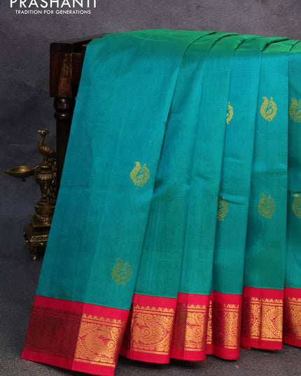 Silk cotton saree teal green and pink with annam zari woven buttas and annam zari woven korvai border